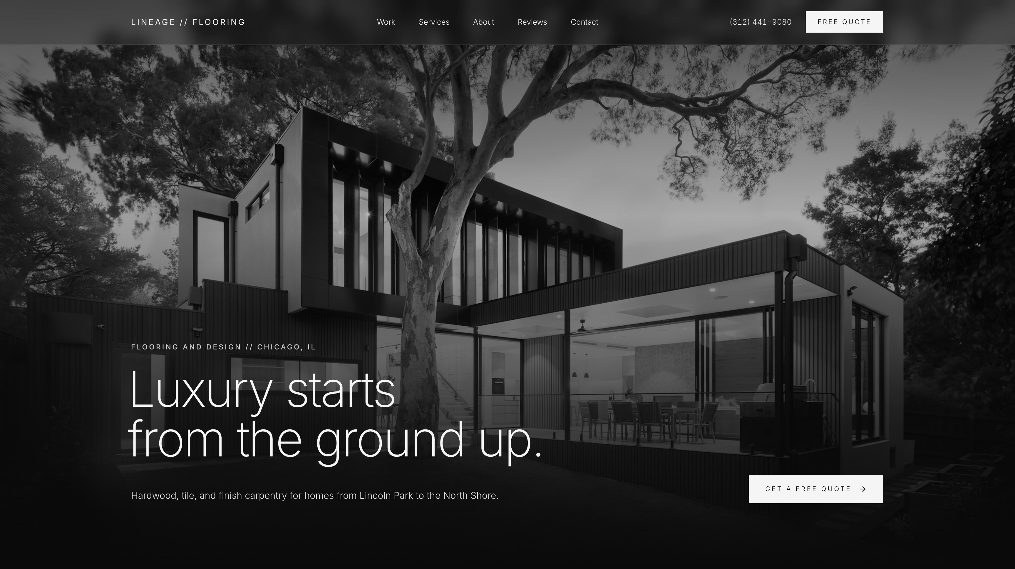 Concept homepage for Lineage Flooring, featuring monochrome architectural photography and a quote button