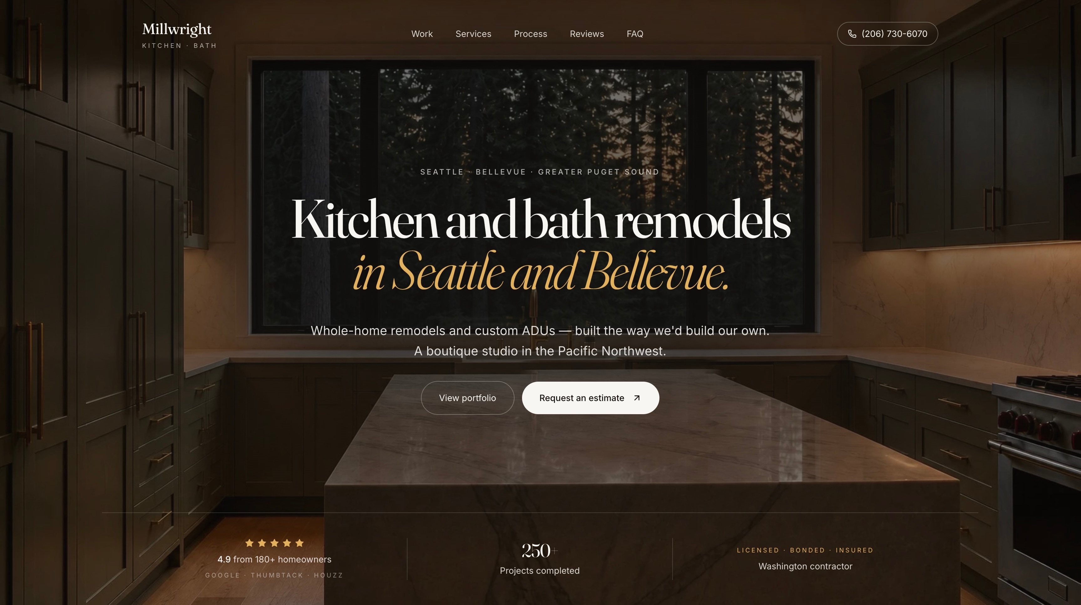 Concept homepage for Millwright Kitchen and Bath, featuring a finished kitchen, large serif typography, and an estimate button