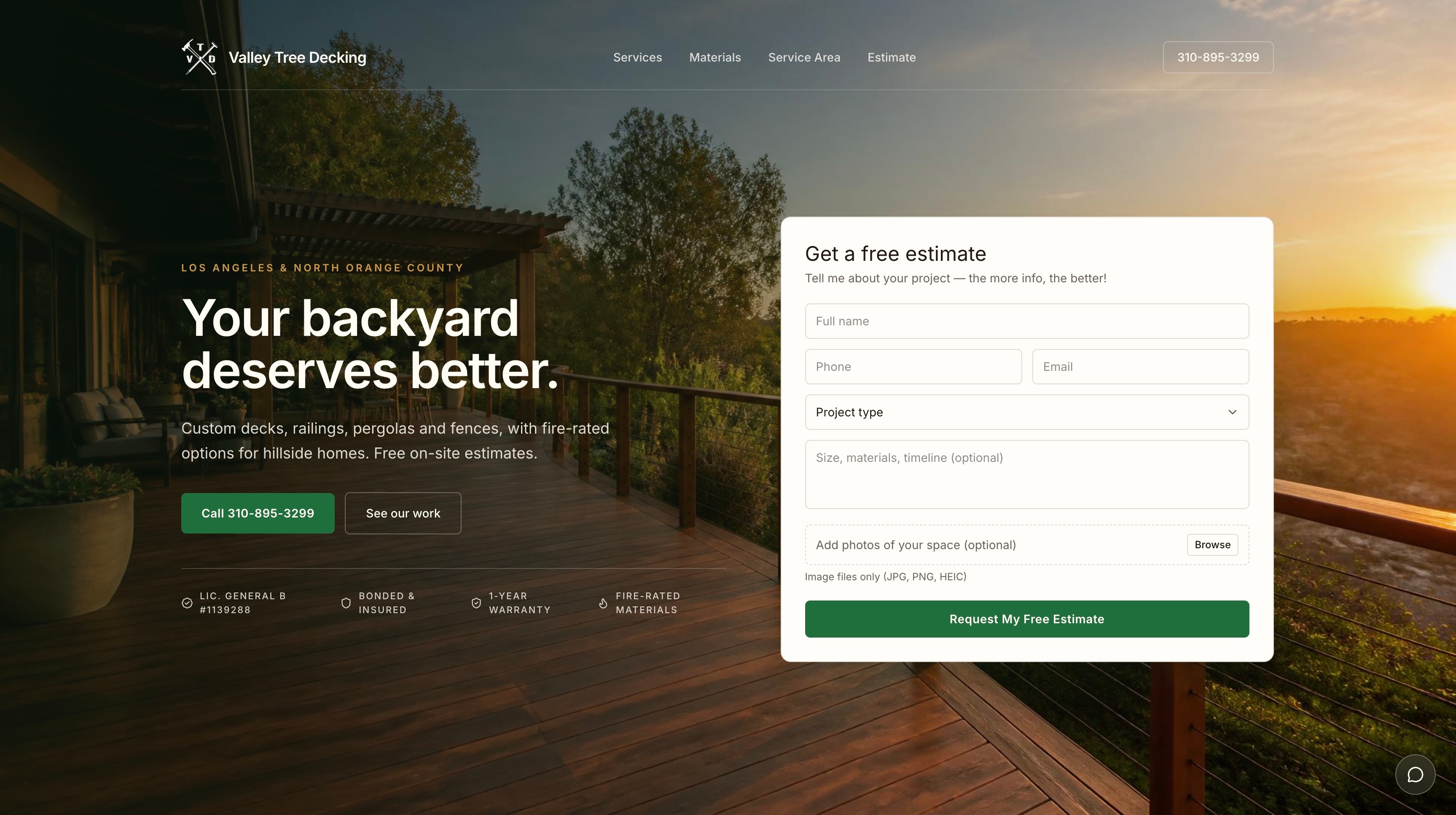 Concept homepage for Valley Tree Decking, featuring a hillside deck and an estimate request form